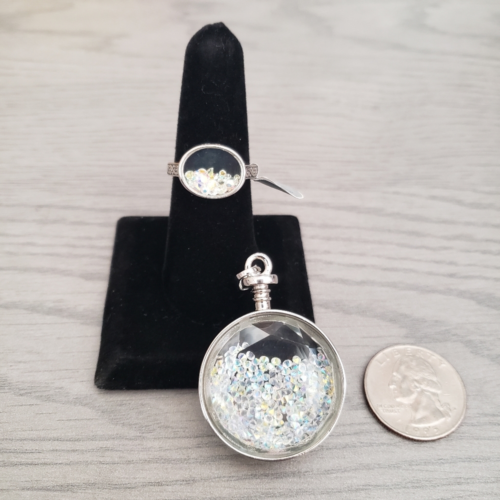 Ring  and Necklace of swarovzki floting Set "Ring is real sterling silver" size8